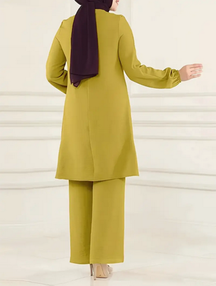 Pleated Long Sleeve Tunics and Straight Leg Loose Pants Set