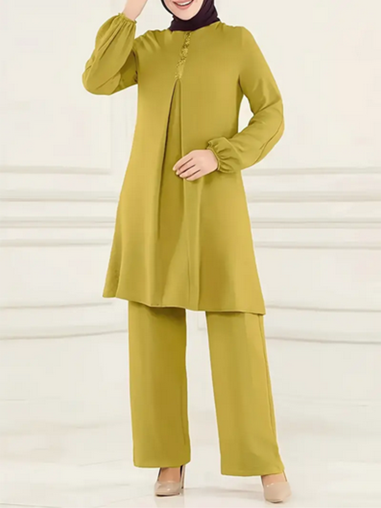 Pleated Long Sleeve Tunics and Straight Leg Loose Pants Set