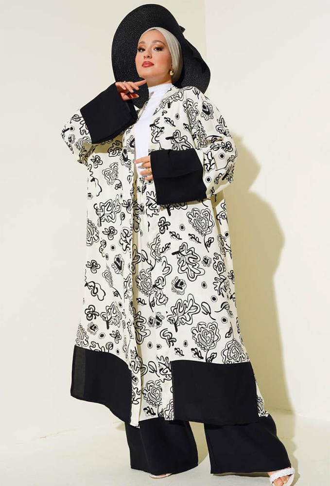 Ethnic Pattern Kimono 2 Piece Set Ecru Black