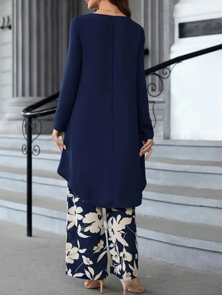 Elegant Pantsuits, Crew Neck Long Sleeve Dipped Hem Top & Wide Leg Pants