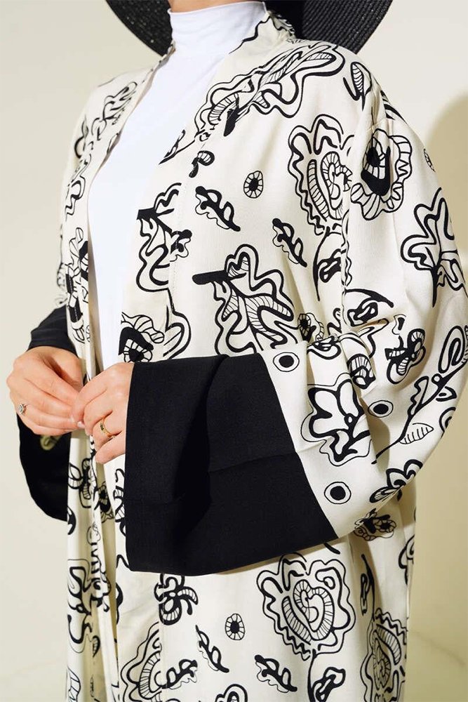 Ethnic Pattern Kimono 2 Piece Set Ecru Black