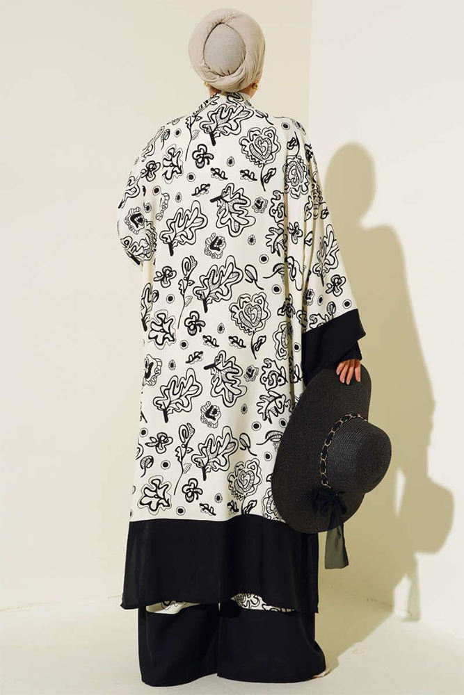 Ethnic Pattern Kimono 2 Piece Set Ecru Black